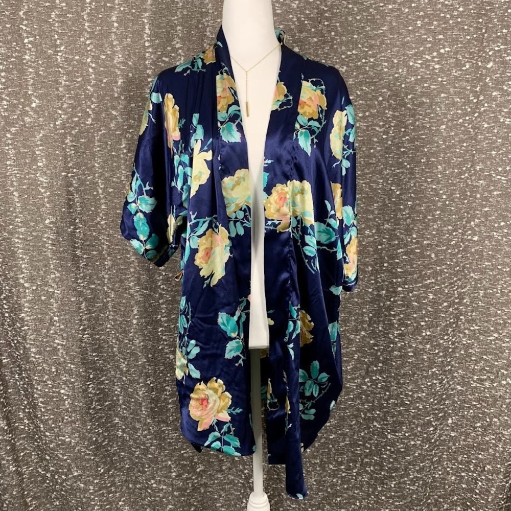 Vintage Kathryn Blue Floral Short Wrap Robe Missing‎ Tie Women's Medium
